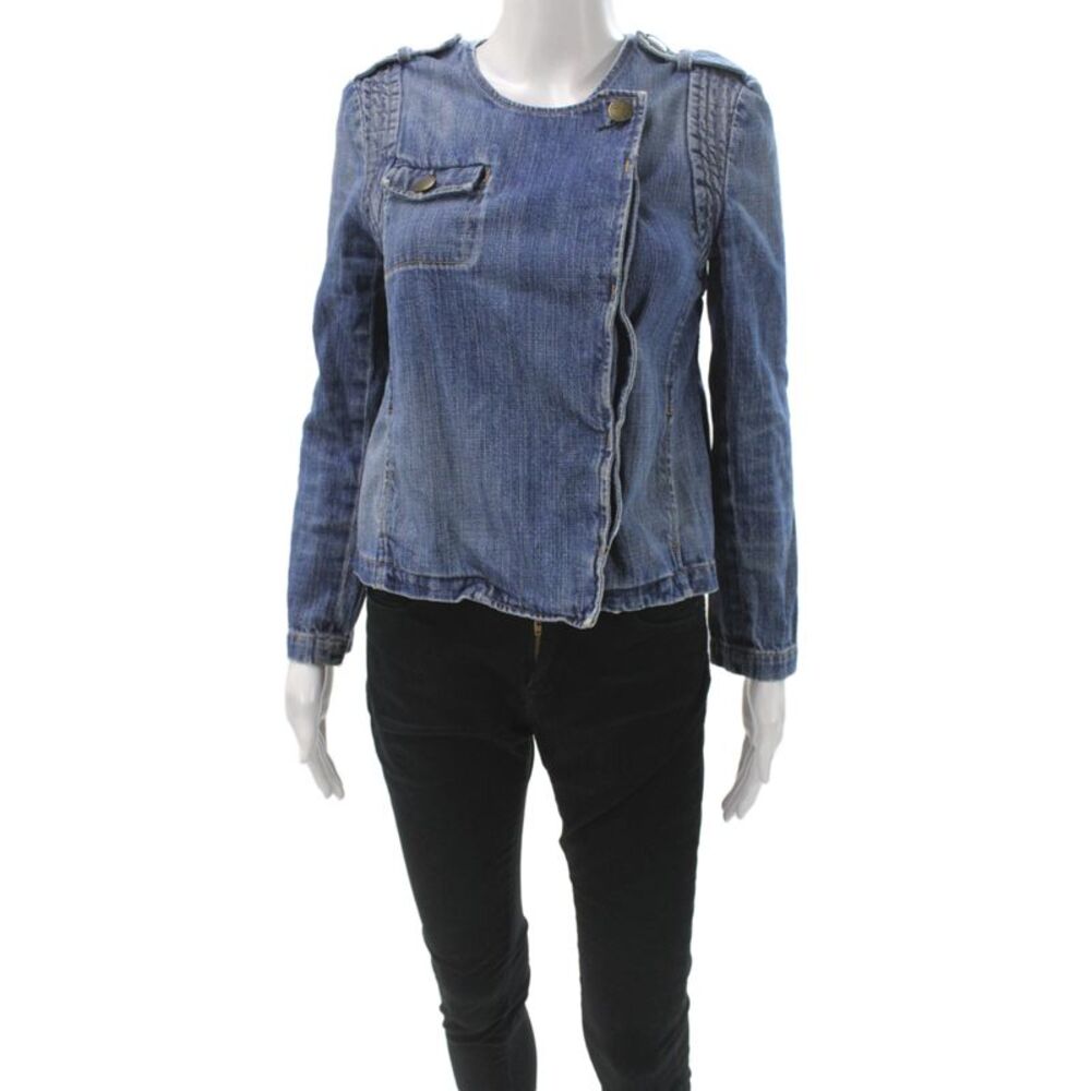 Current/Elliott Women Biker Jacket Blue Cotton Button Long Sleeve Size S
